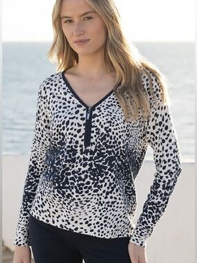 MARBLE Navy and White Spot Print Zip Detail Long Sleeve Viscose Top Size XS